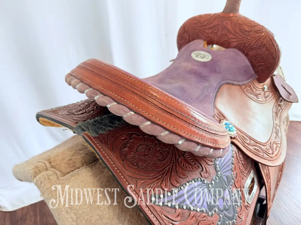 14” California Saddlery Western Barrel Saddle Rock n’ Roll Purple Skull