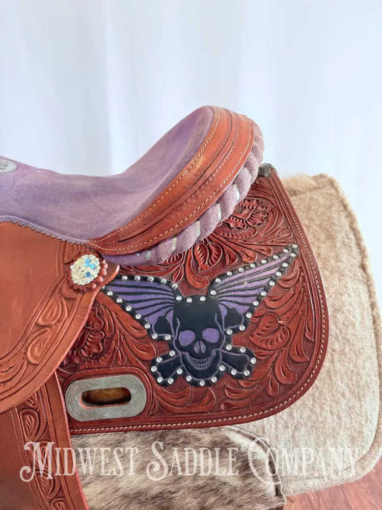 14” California Saddlery Western Barrel Saddle Rock n’ Roll Purple Skull