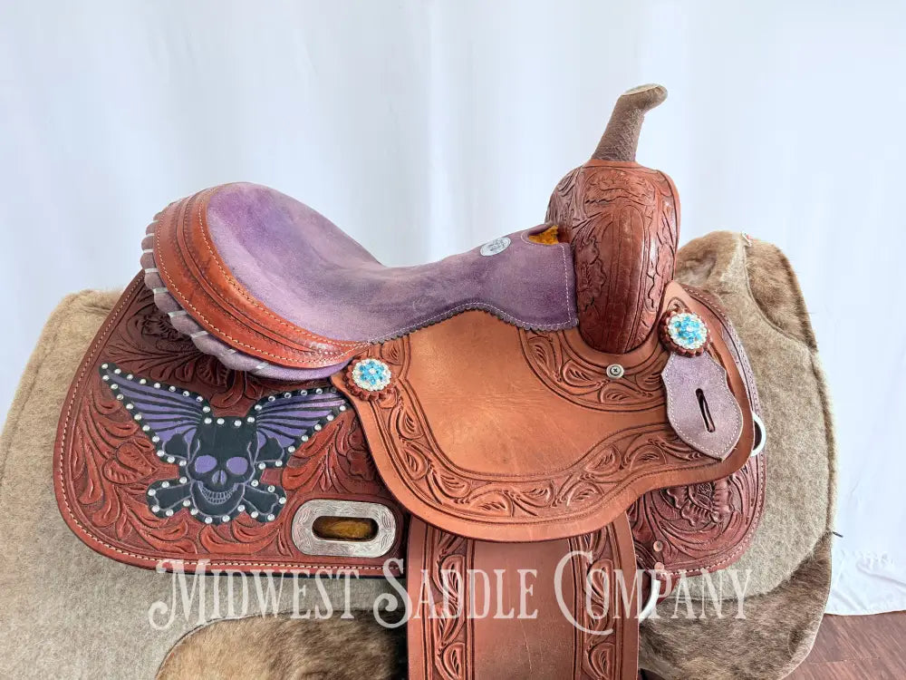 14” California Saddlery Western Barrel Saddle Rock n’ Roll Purple Skull