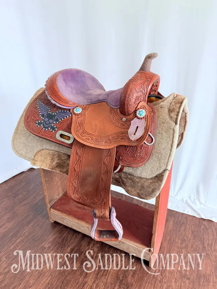 14” California Saddlery Western Barrel Saddle Rock n’ Roll Purple Skull