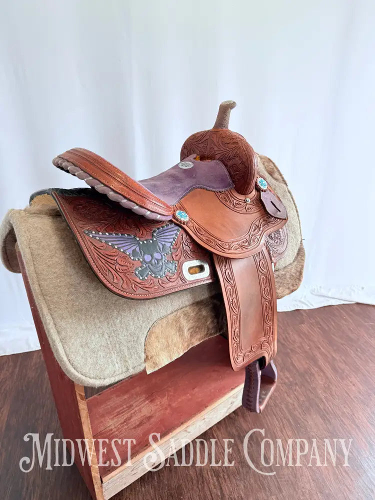 14” California Saddlery Western Barrel Saddle Rock n’ Roll Purple Skull