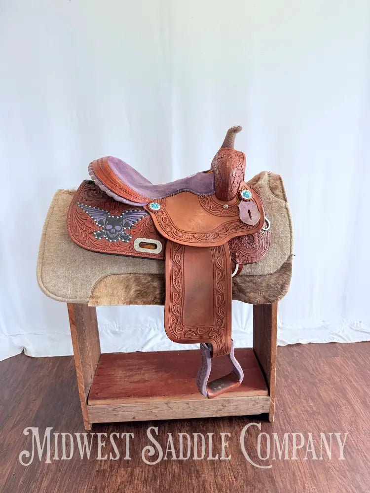 14” California Saddlery Western Barrel Saddle Rock n’ Roll Purple Skull