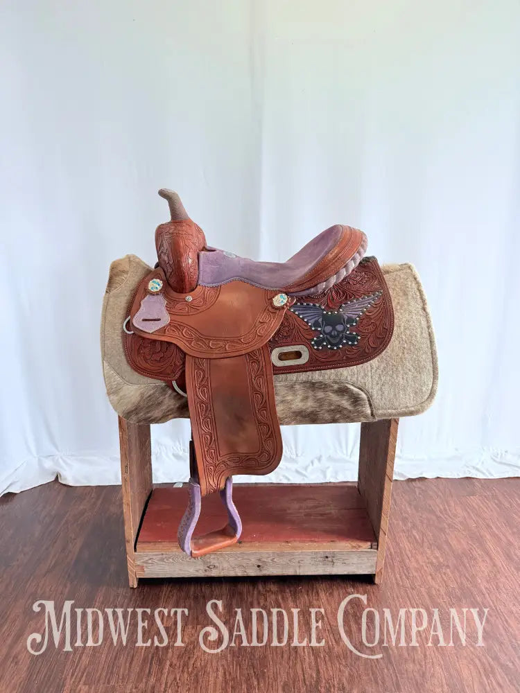14” California Saddlery Western Barrel Saddle Rock n’ Roll Purple Skull