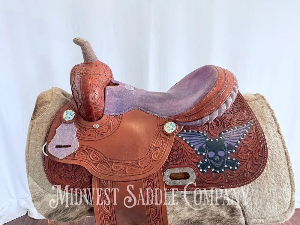 14” California Saddlery Western Barrel Saddle Rock n’ Roll Purple Skull