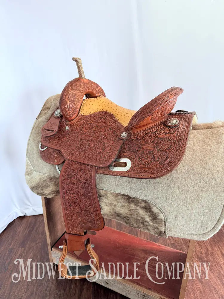 14” Paul Taylor Saddle Co. Western Barrel Saddle Ostrich Seat Fully Tooled