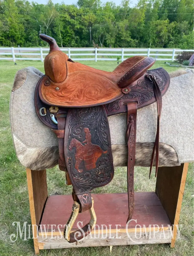 14’ Vintage Circle Y Tooled Barrel Racer Western Rodeo Saddle