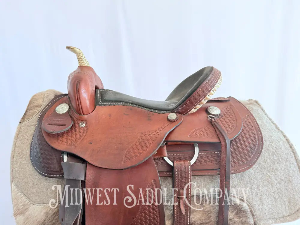 15” Dakota Saddlery Western Barrel Saddle Basketweave Leather Tooling Western Saddle