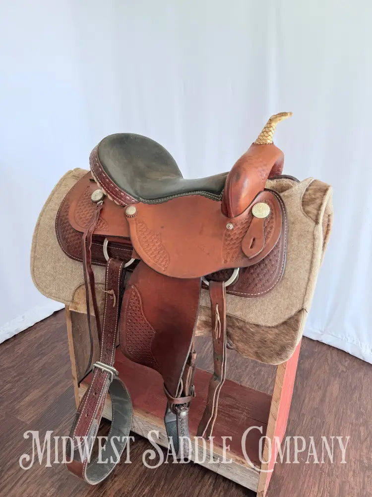 15” Dakota Saddlery Western Barrel Saddle Basketweave Leather Tooling Western Saddle