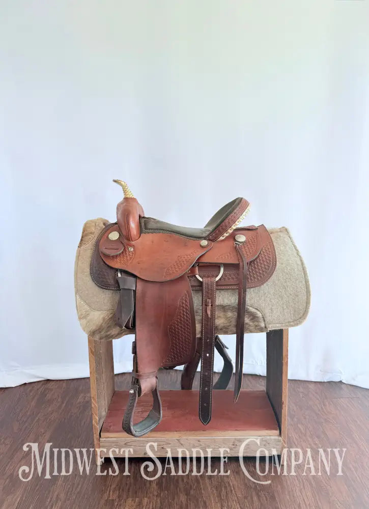 15” Dakota Saddlery Western Barrel Saddle Basketweave Leather Tooling Western Saddle