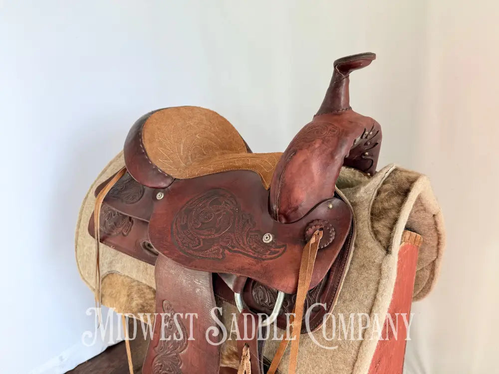 15” Western Barrel Saddle with Floral Leather Tooling Narrow Fit Western Saddle