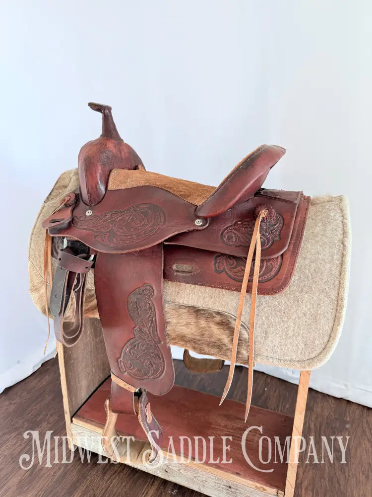 15” Western Barrel Saddle with Floral Leather Tooling Narrow Fit Western Saddle