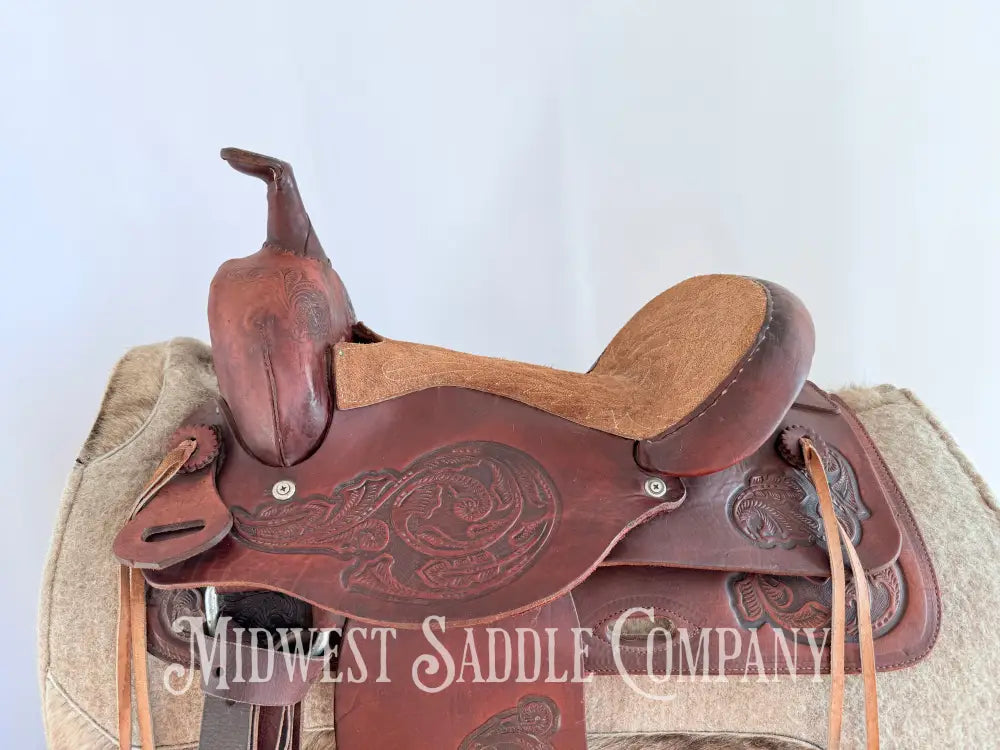 15” Western Barrel Saddle with Floral Leather Tooling Narrow Fit Western Saddle