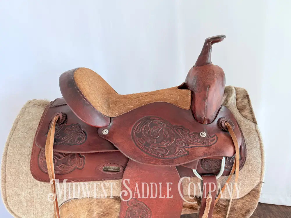 15” Western Barrel Saddle with Floral Leather Tooling Narrow Fit Western Saddle