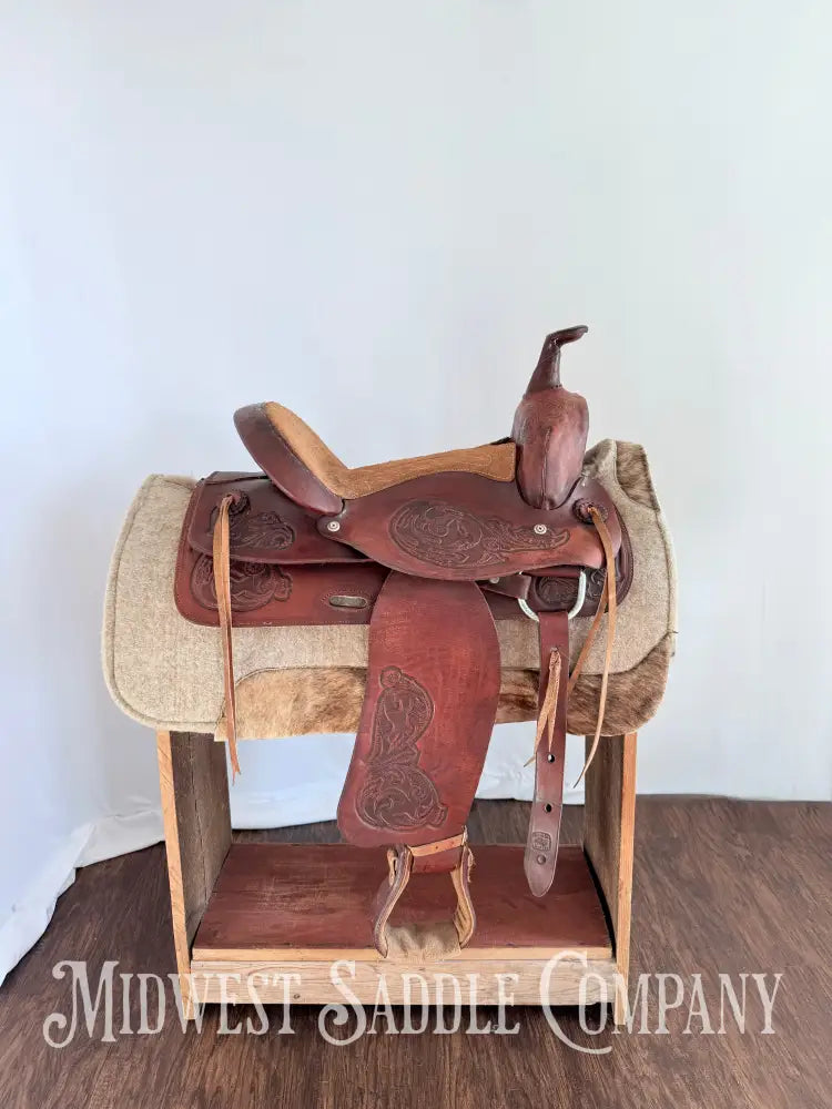 15” Western Barrel Saddle with Floral Leather Tooling Narrow Fit Western Saddle