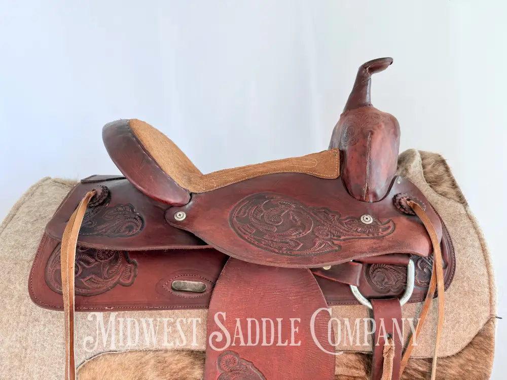15” Western Barrel Saddle with Floral Leather Tooling Narrow Fit Western Saddle