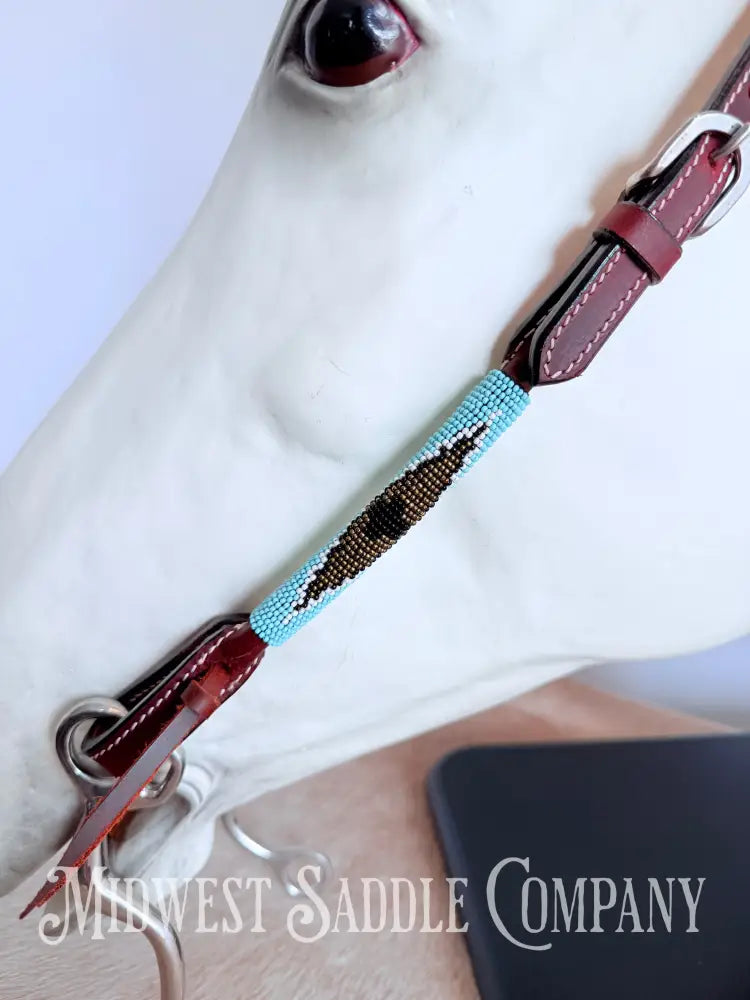 Beaded One Ear Western Headstall Full Horse Size - Turquoise & Gold Bridles & Headstalls