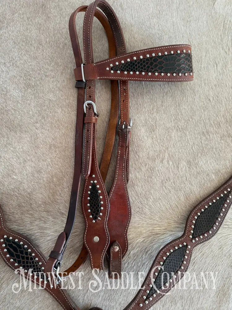 Beautiful Headstall & Breast Collar Set - Dark Brown Croc Stamped Leather Bridles & Headstalls