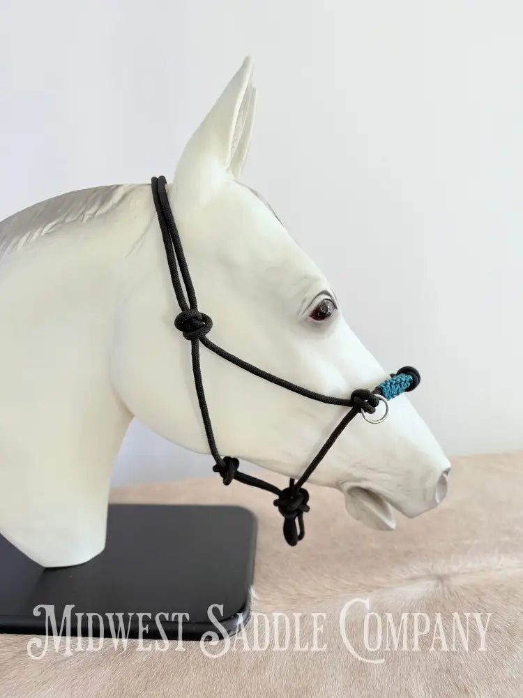 Custom Braided Rope Halter Side Pull 4 Knots Blue - Horse Size Halter