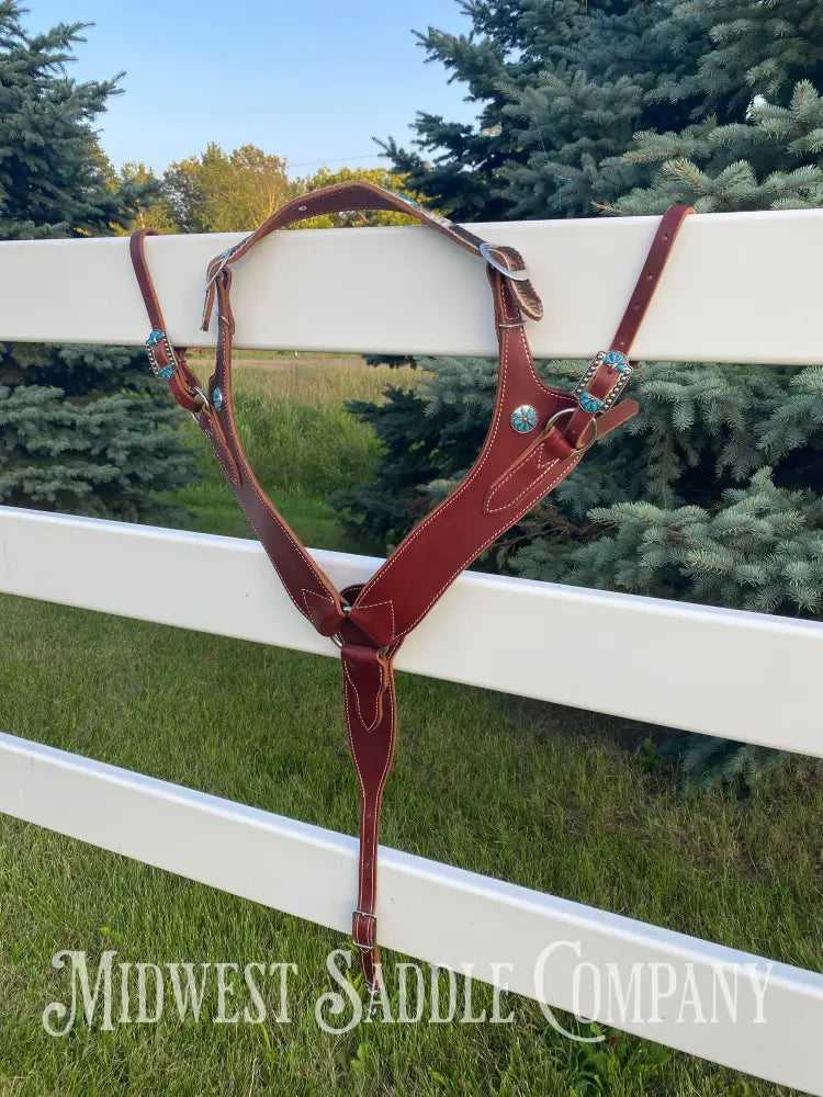 Heavy Duty Contoured Horse Breast Collar W/ Hair On Hide Wither Strap Turquoise Ranch Working Tack
