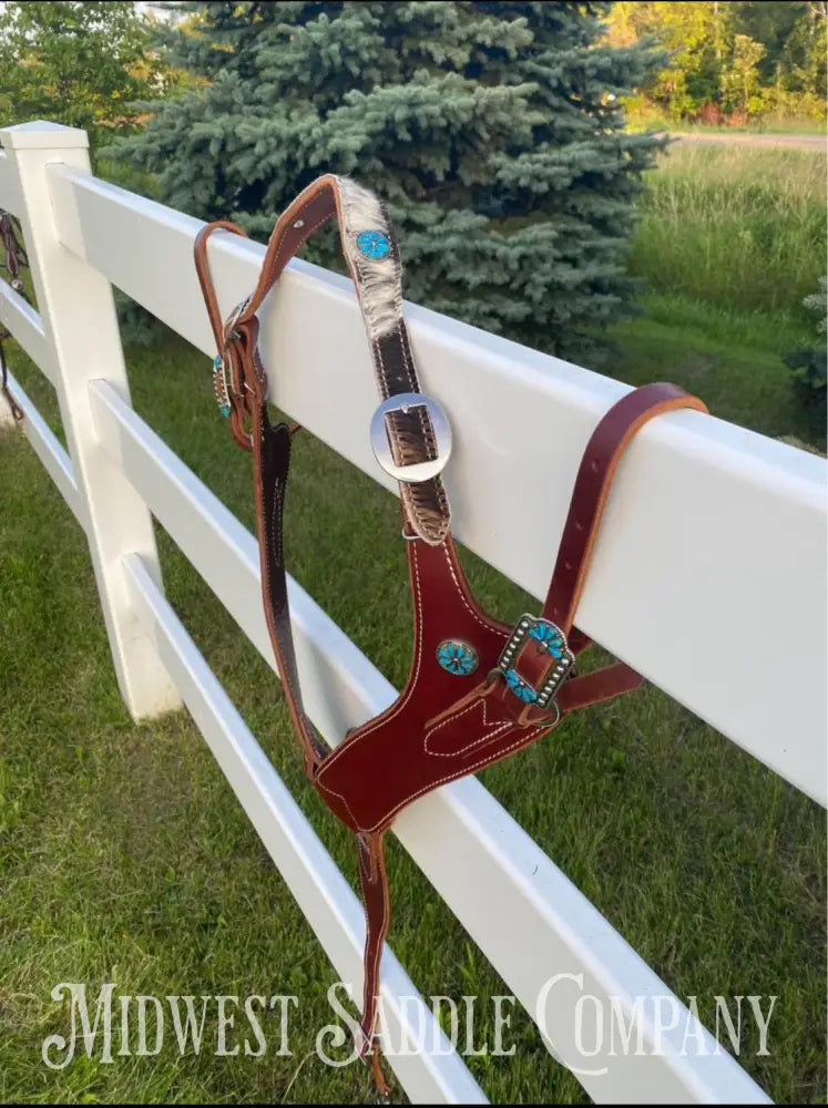 Heavy Duty Contoured Horse Breast Collar W/ Hair On Hide Wither Strap Turquoise Ranch Working Tack