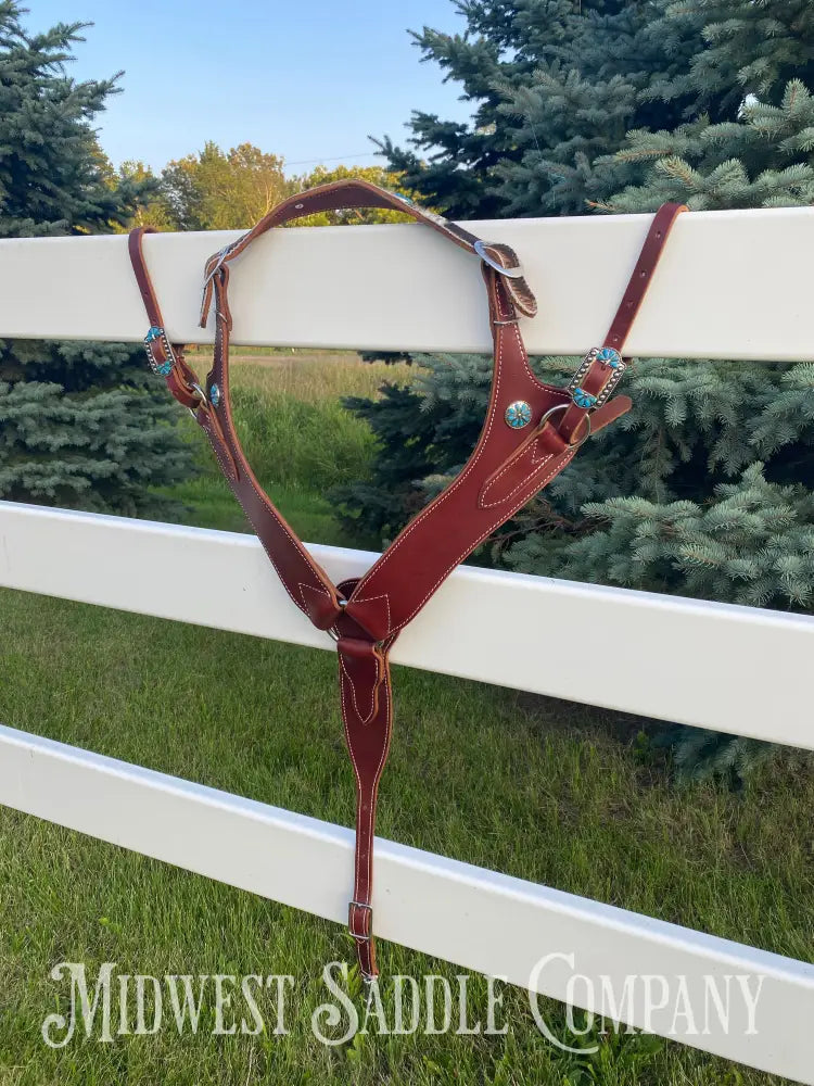 Heavy Duty Contoured Horse Breast Collar W/ Hair On Hide Wither Strap Turquoise Ranch Working Tack