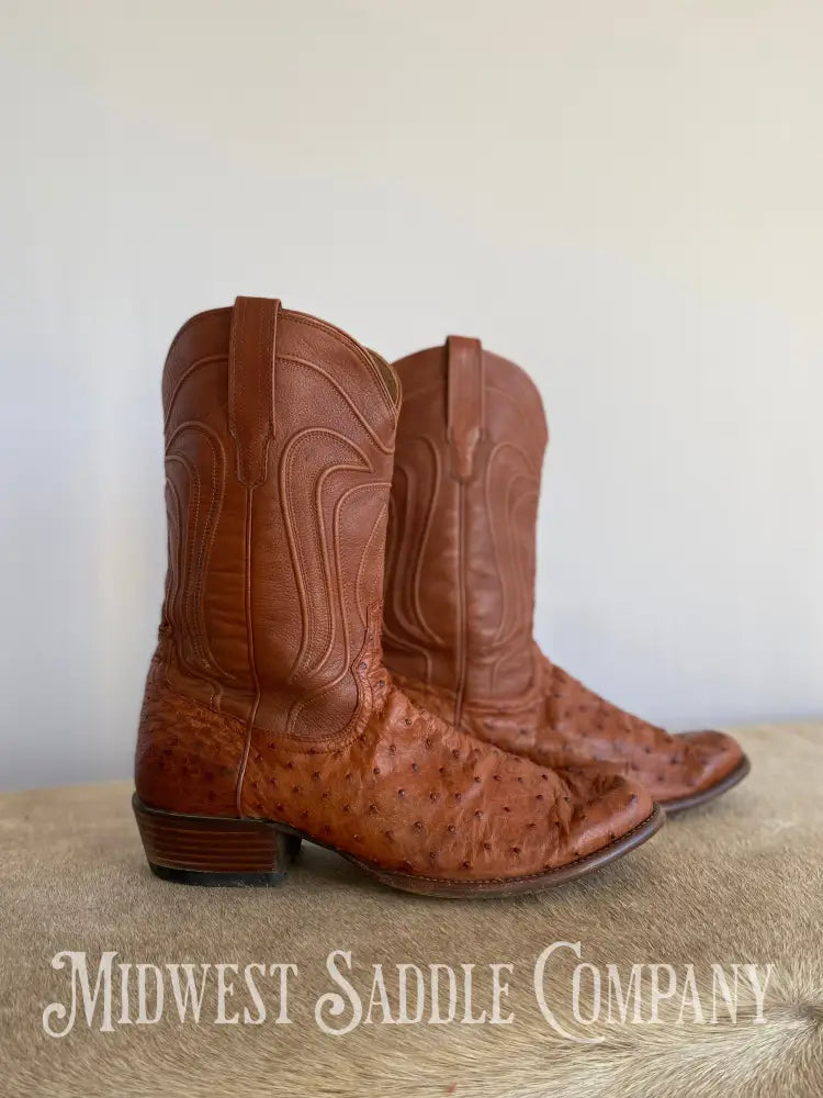 Men’s Tecovas Western Leather Cowboy Boots Pecan Brown Full-Quill Ostrich - Size 15 D
