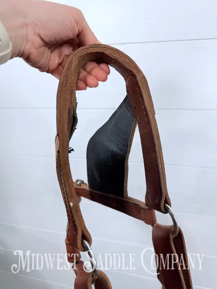 Mule Driving Bridle Headstall with Pigeon Wing Blinds Plain Stitched Leather Full Size - Bridles & Headstalls