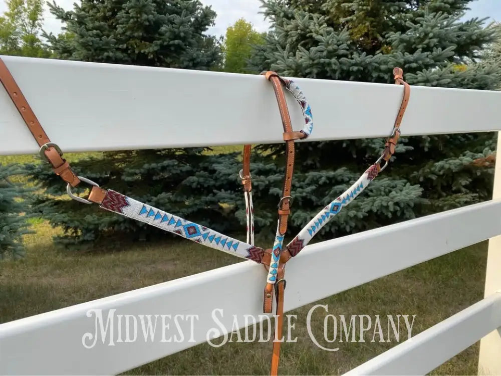Southwestern Beaded Headstall & Breast Collar Horse Tack Set - Blue Maroon White