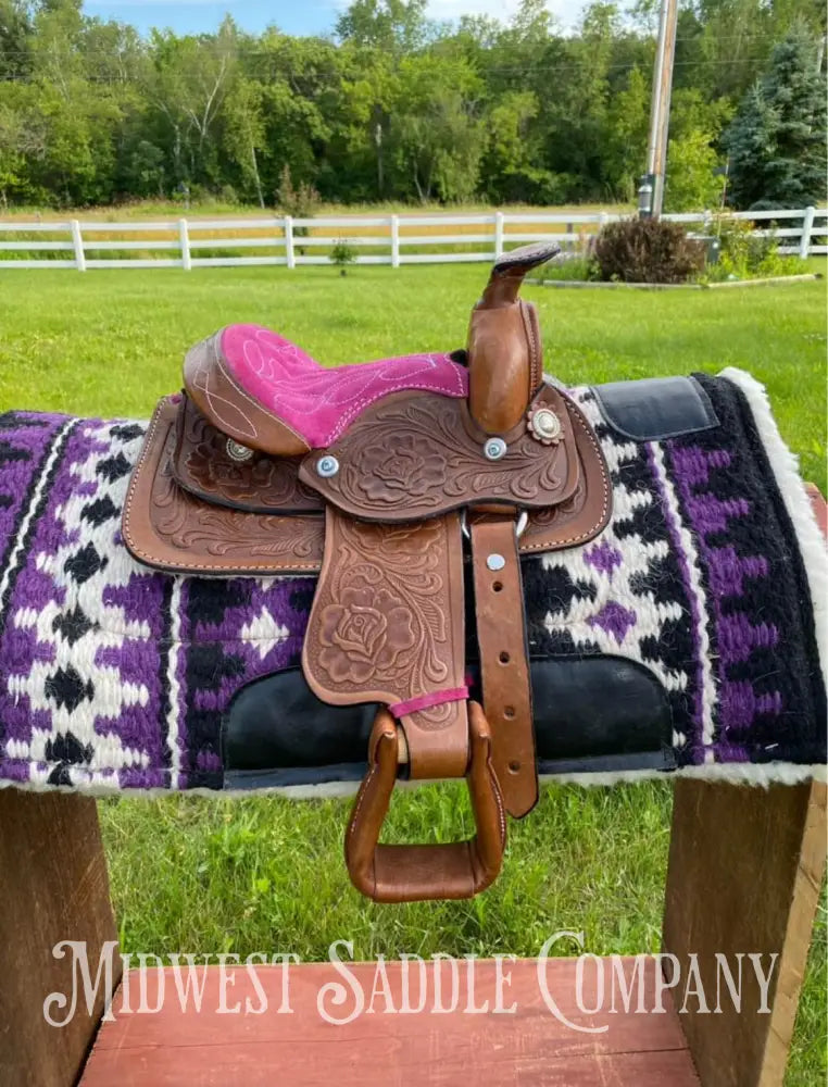 Tiny 7.5” Western Saddle W/ Pink Suede Seat - Toddler Kid’s Youth Pony