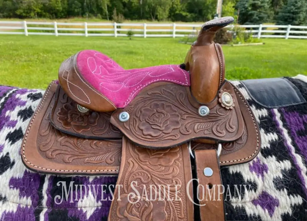 Tiny 7.5” Western Saddle W/ Pink Suede Seat - Toddler Kid’s Youth Pony