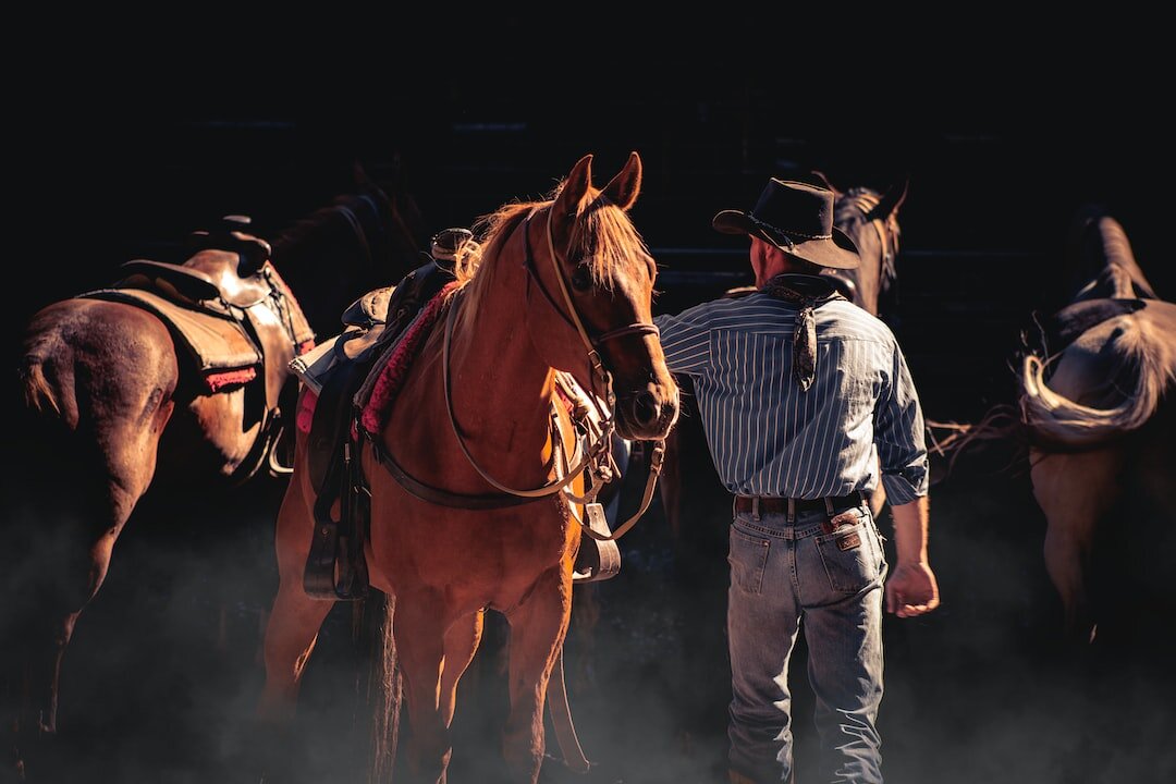 A chestnut horse is fully saddled in western tack, looking into the distance. A cowboy's back is turned to the camera.