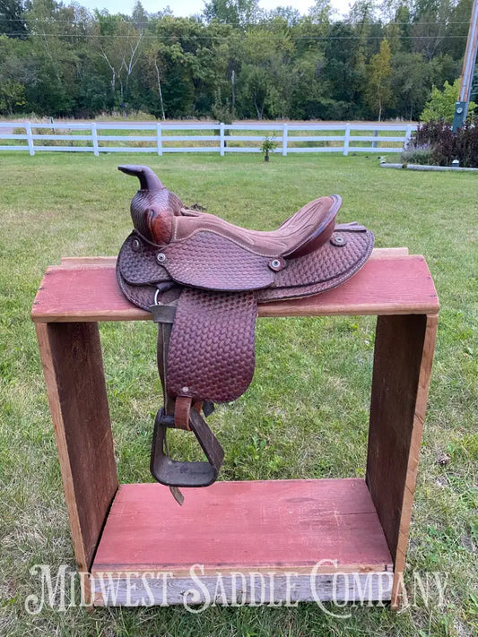 12” Youth Pony Saddle W/ Round Skirt & Basketweave Tooling