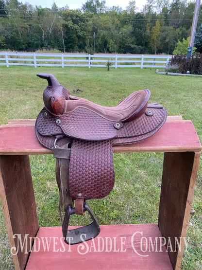 12” Youth Pony Saddle W/ Round Skirt & Basketweave Tooling