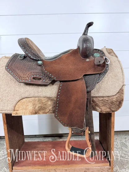 13.5” Double J Pozzi Pro Western Barrel Saddle 6.5” Gullet - Turquoise Buckstitch