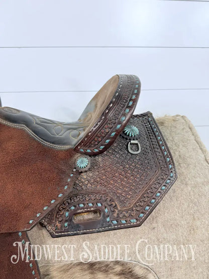 13.5” Double J Pozzi Pro Western Barrel Saddle 6.5” Gullet - Turquoise Buckstitch