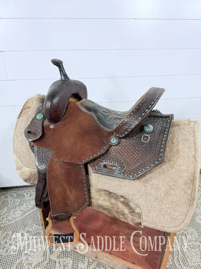 13.5” Double J Pozzi Pro Western Barrel Saddle 6.5” Gullet - Turquoise Buckstitch