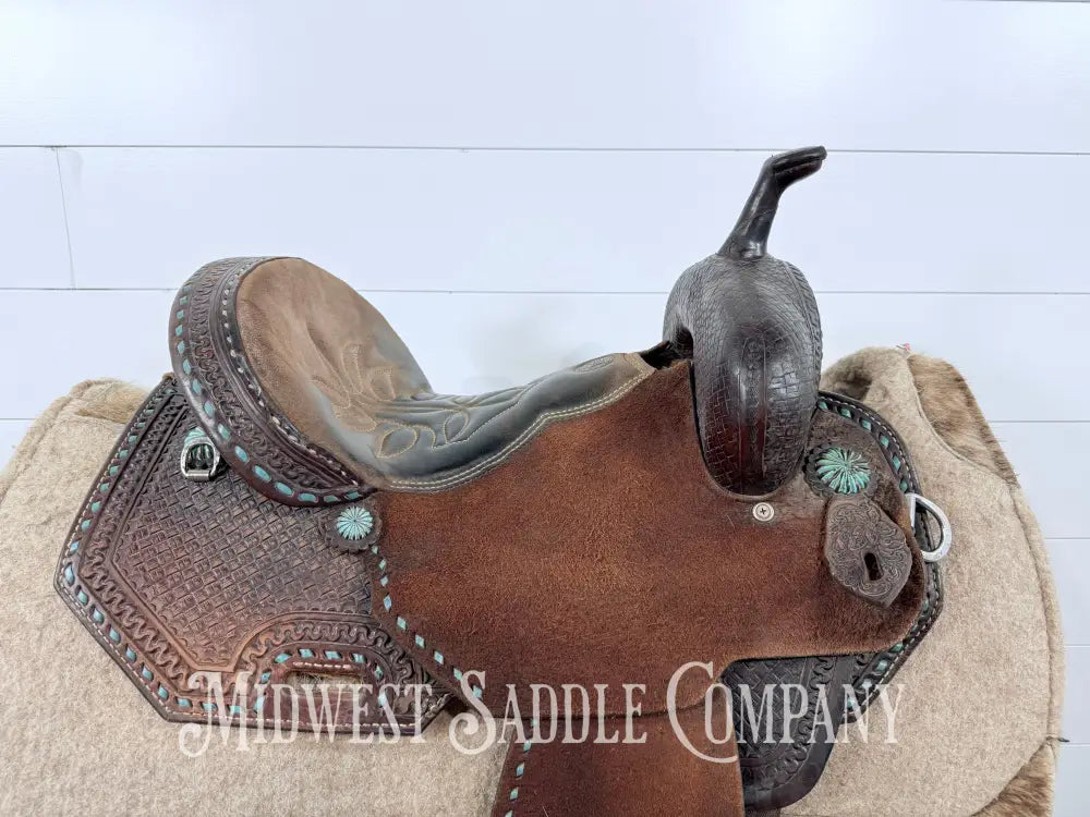 13.5” Double J Pozzi Pro Western Barrel Saddle 6.5” Gullet - Turquoise Buckstitch