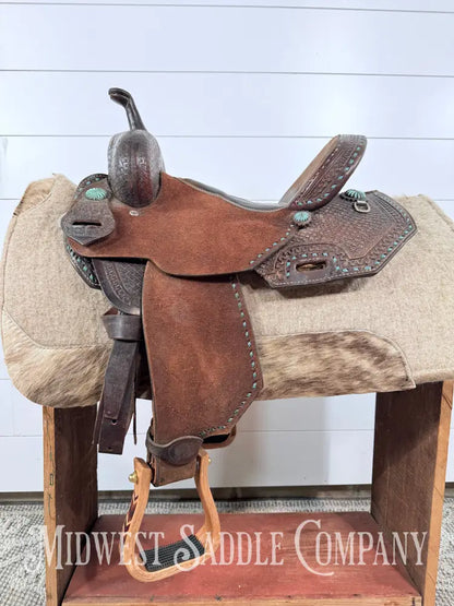 13.5” Double J Pozzi Pro Western Barrel Saddle 6.5” Gullet - Turquoise Buckstitch