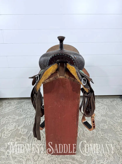 13.5” Double J Pozzi Pro Western Barrel Saddle 6.5” Gullet - Turquoise Buckstitch