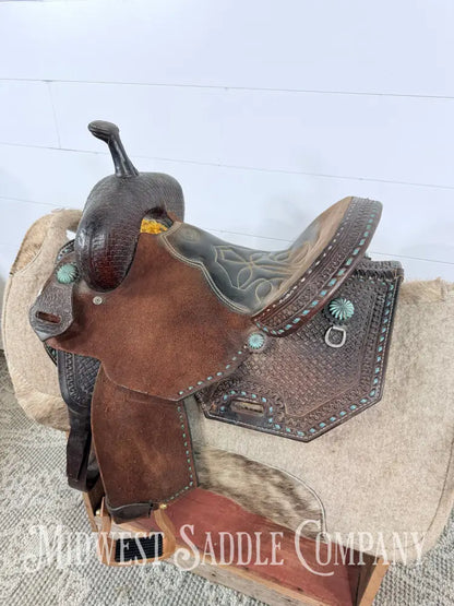 13.5” Double J Pozzi Pro Western Barrel Saddle 6.5” Gullet - Turquoise Buckstitch