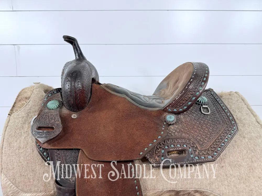 13.5” Double J Pozzi Pro Western Barrel Saddle 6.5” Gullet - Turquoise Buckstitch