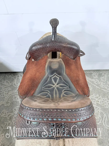 13.5” Double J Pozzi Pro Western Barrel Saddle 6.5” Gullet - Turquoise Buckstitch