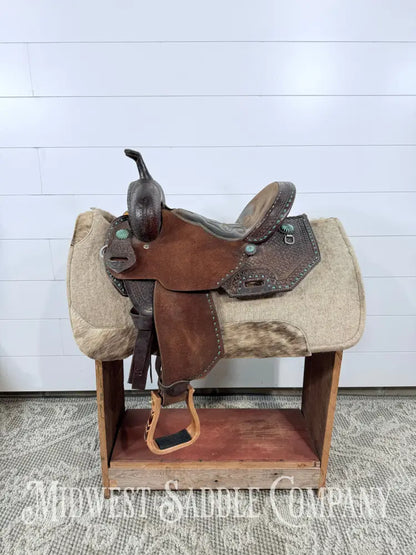 13.5” Double J Pozzi Pro Western Barrel Saddle 6.5” Gullet - Turquoise Buckstitch