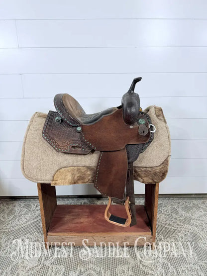 13.5” Double J Pozzi Pro Western Barrel Saddle 6.5” Gullet - Turquoise Buckstitch
