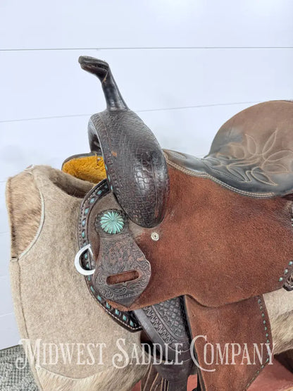 13.5” Double J Pozzi Pro Western Barrel Saddle 6.5” Gullet - Turquoise Buckstitch