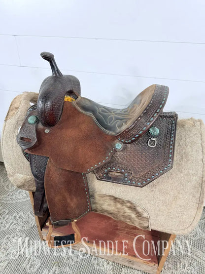 13.5” Double J Pozzi Pro Western Barrel Saddle 6.5” Gullet - Turquoise Buckstitch