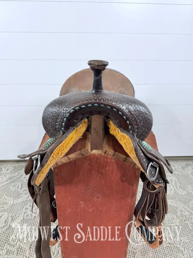 13.5” Double J Pozzi Pro Western Barrel Saddle 6.5” Gullet - Turquoise Buckstitch