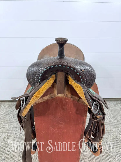 13.5” Double J Pozzi Pro Western Barrel Saddle 6.5” Gullet - Turquoise Buckstitch