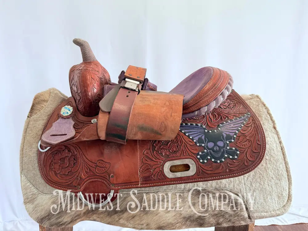 14” California Saddlery Western Barrel Saddle Rock n’ Roll Purple Skull