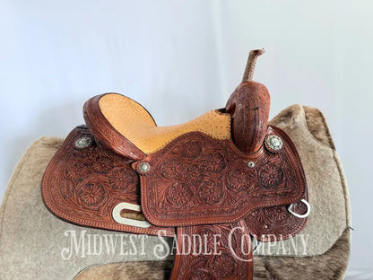 14” Paul Taylor Saddle Co. Western Barrel Saddle Ostrich Seat Fully Tooled